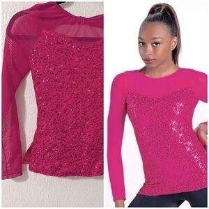 Balera Dance MC Medium (11-12) Pink Sequin Long Sleeve Fitted Top SQ12457 EUC